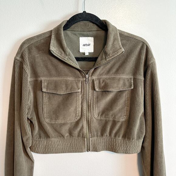 Aerie Groove On Ribbed Cropped Jacket Green Zip Front Size XS - Picture 4 of 10